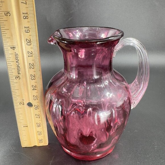 Vintage Pilgrim Glass Cranberry Optic Glass Pitcher Small Creamer Hand Blown VTG - Picture 3 of 14